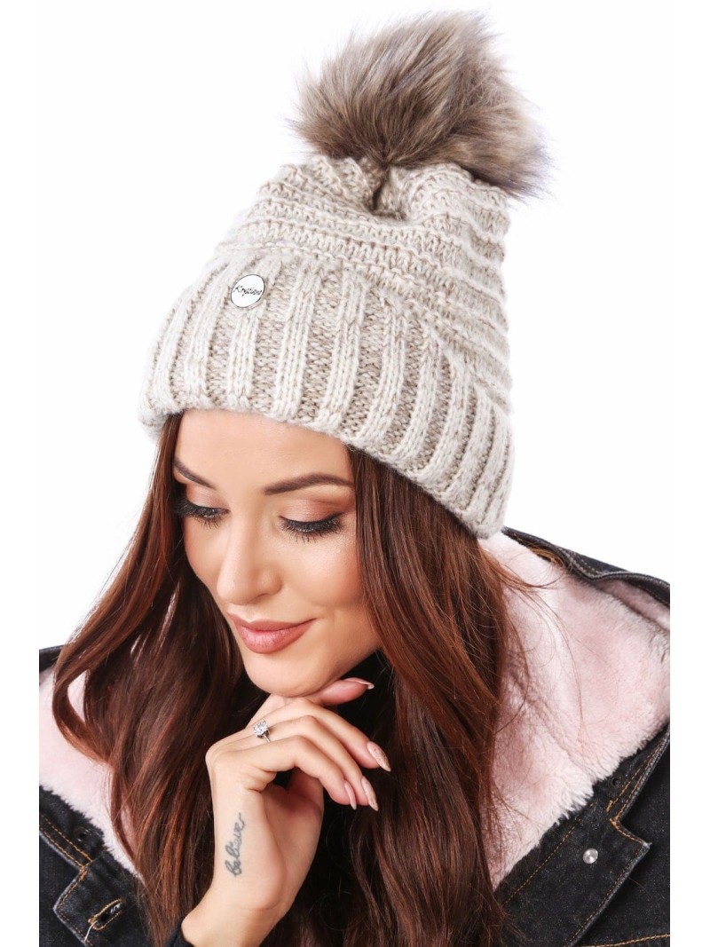 Beige winter hat with ribbing C32 - Online store - Boutique